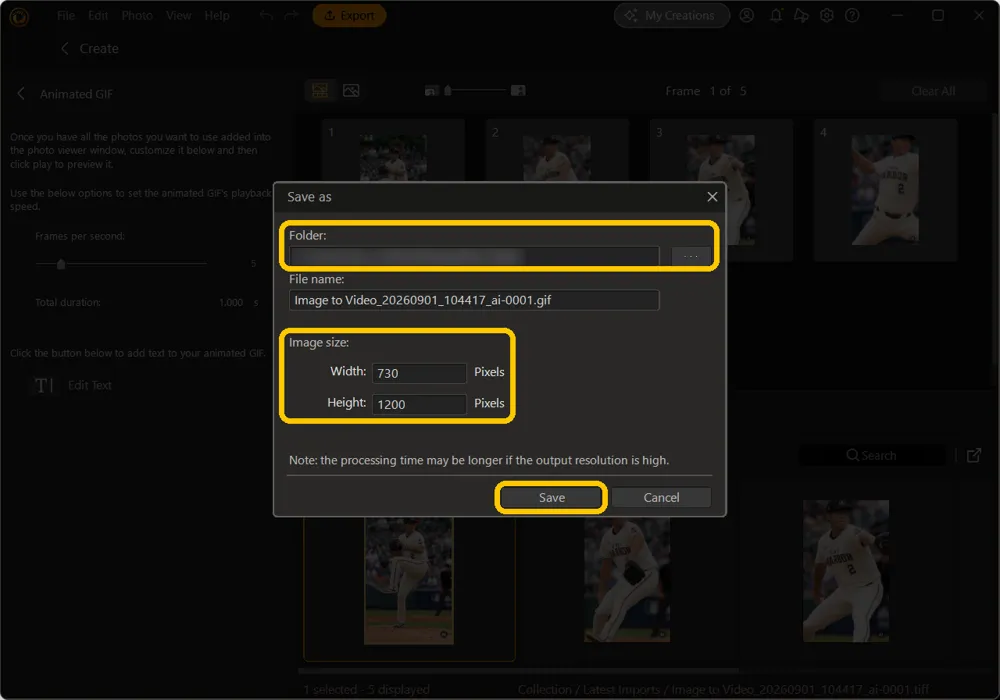 The Save as dialog with the Folder field and its ... button, the Image size width and height fields, and the Save button highlighted