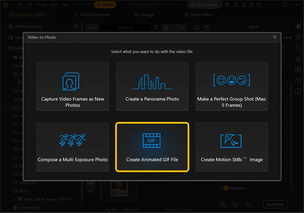 The Video-to-Photo window with six options and Create Animated GIF File highlighted