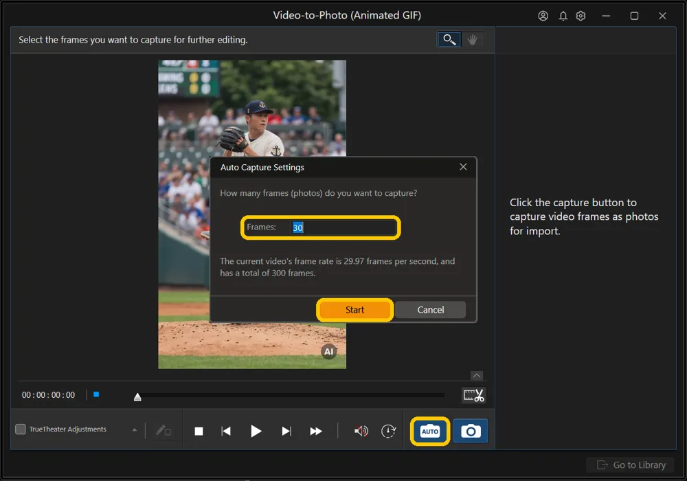 The Auto Capture Settings dialog over the capture window, with the Frames field set to 30, the Start button, and the AUTO button highlighted