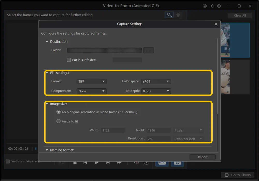 The Advanced Capture Settings with the File settings and Image size sections highlighted