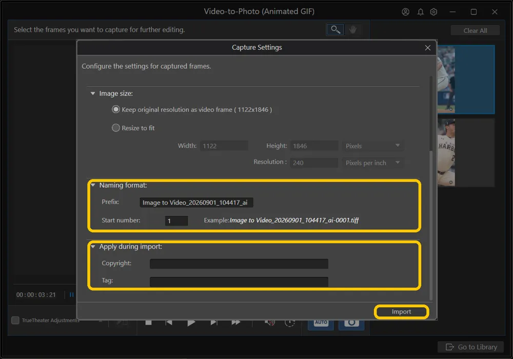 The lower part of the Advanced Capture Settings with Naming format, Apply during import, and the Import button highlighted