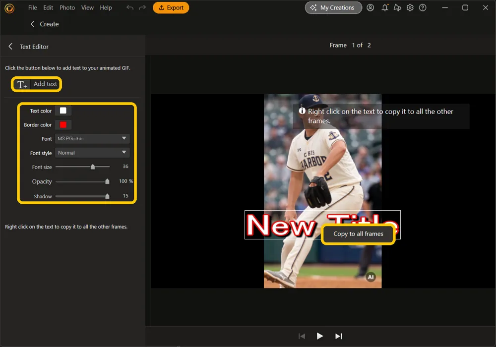 The Text Editor with Add text and the text settings highlighted, and Copy to all frames highlighted in the menu on the caption