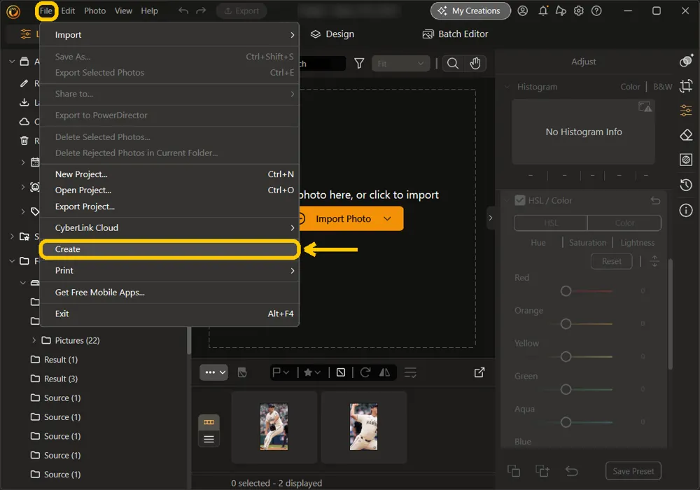 The File menu open in Library & Adjust with nothing selected, and File and Create highlighted