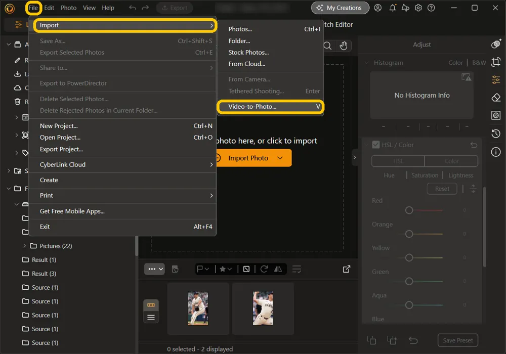 The File menu open in Library & Adjust with nothing selected, and File, Import, and Video-to-Photo highlighted