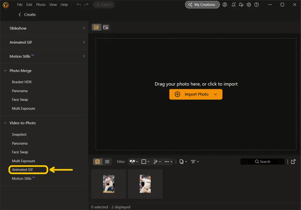 The Create room with no photo selected and Animated GIF highlighted under the Video-to-Photo group