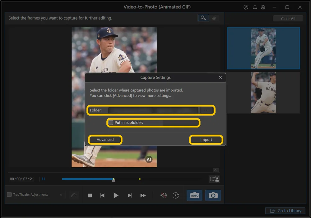 The Capture Settings dialog over the capture window, with the Folder field and its ... button, Put in subfolder, Advanced, and Import highlighted