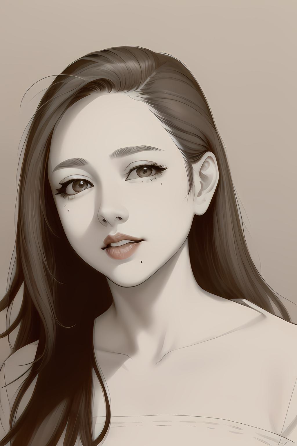 Eine feine digitale Zeichnung einer Frau im eleganten Schwarz-Weiß-Manga-Stil.