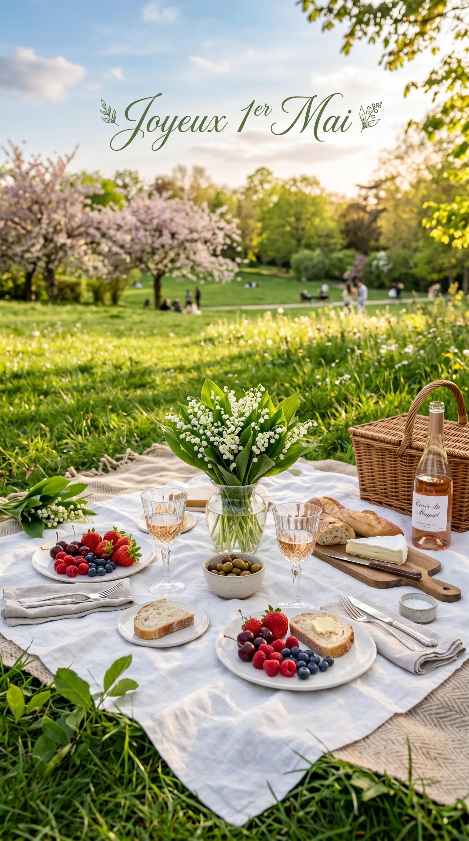 Scène de picnic printanier avec muguet pour le 1er mai, générée par IA