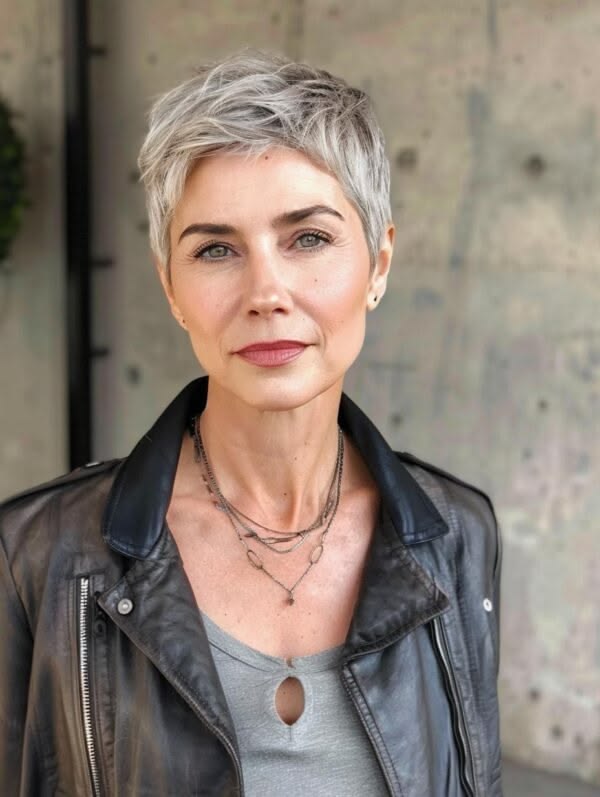Femme avec coupe pixie grise courte, cheveux argentés texturés, rue urbaine avec fresques colorées, look moderne et confiant, portrait réaliste