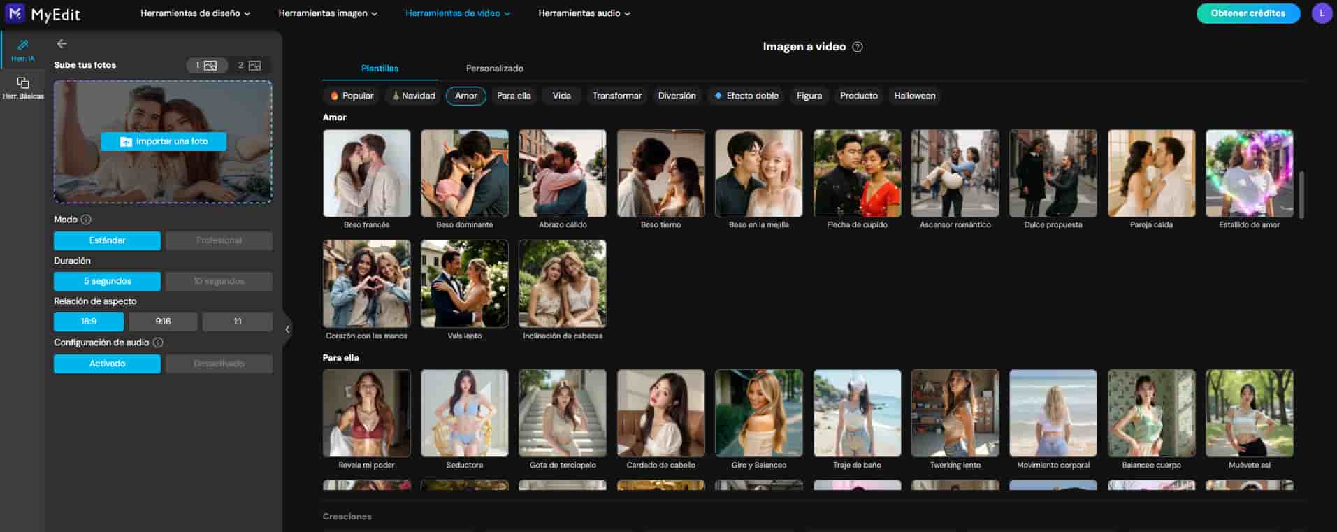 Interfaz de la herramienta Plantillas de imagen a video de MyEdit