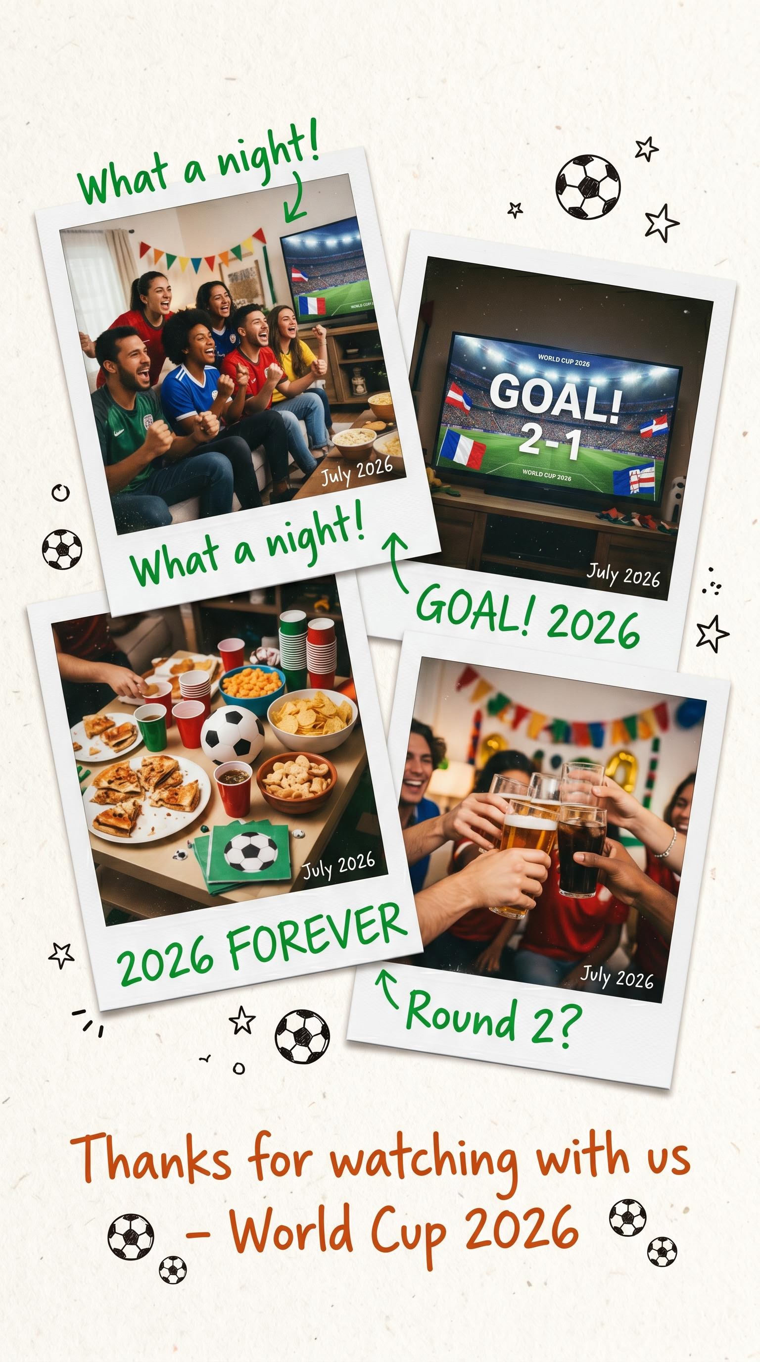 Polaroid thank-you card for a World Cup watch party, AI generated