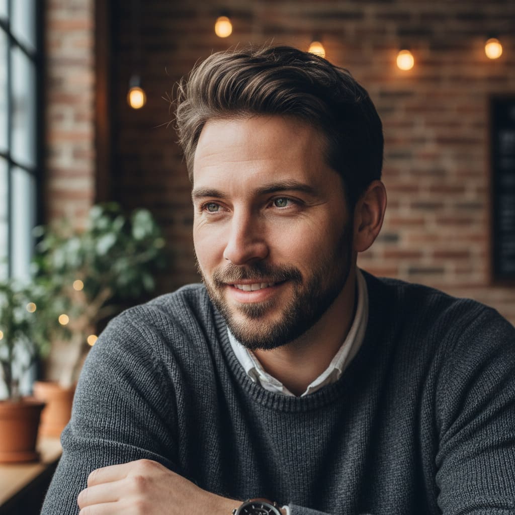 Reference photo before AI modern pompadour hairstyle