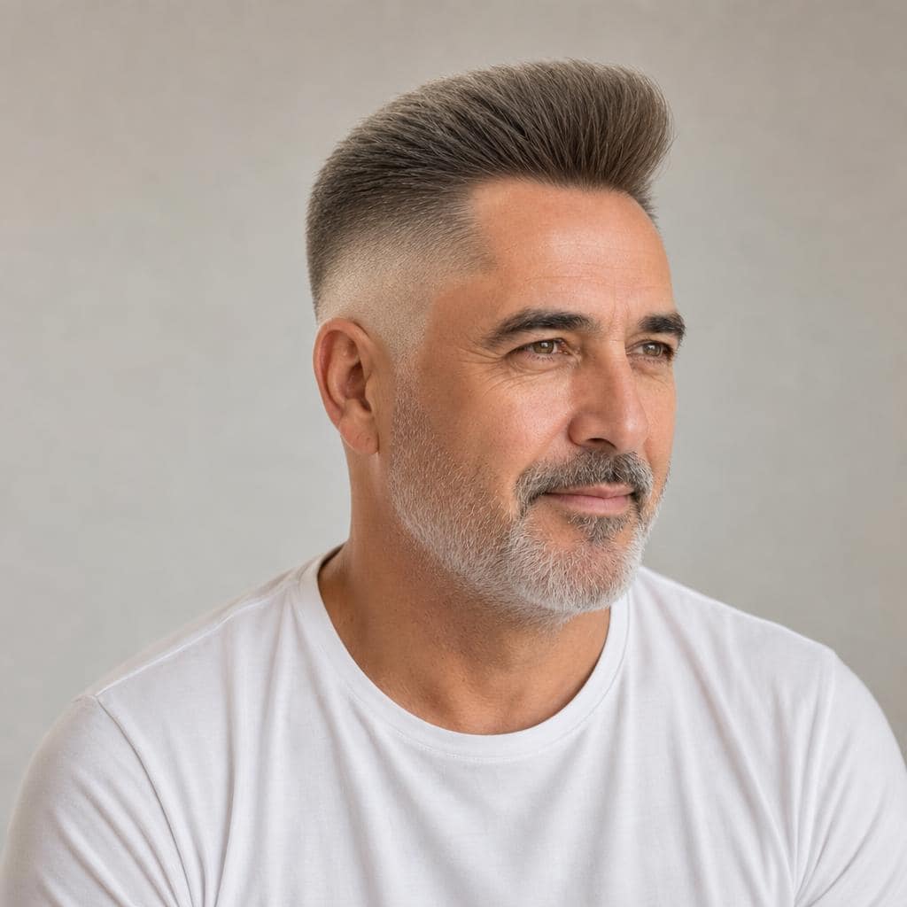 Corte pompadour moderno con laterales cortos para cara redonda