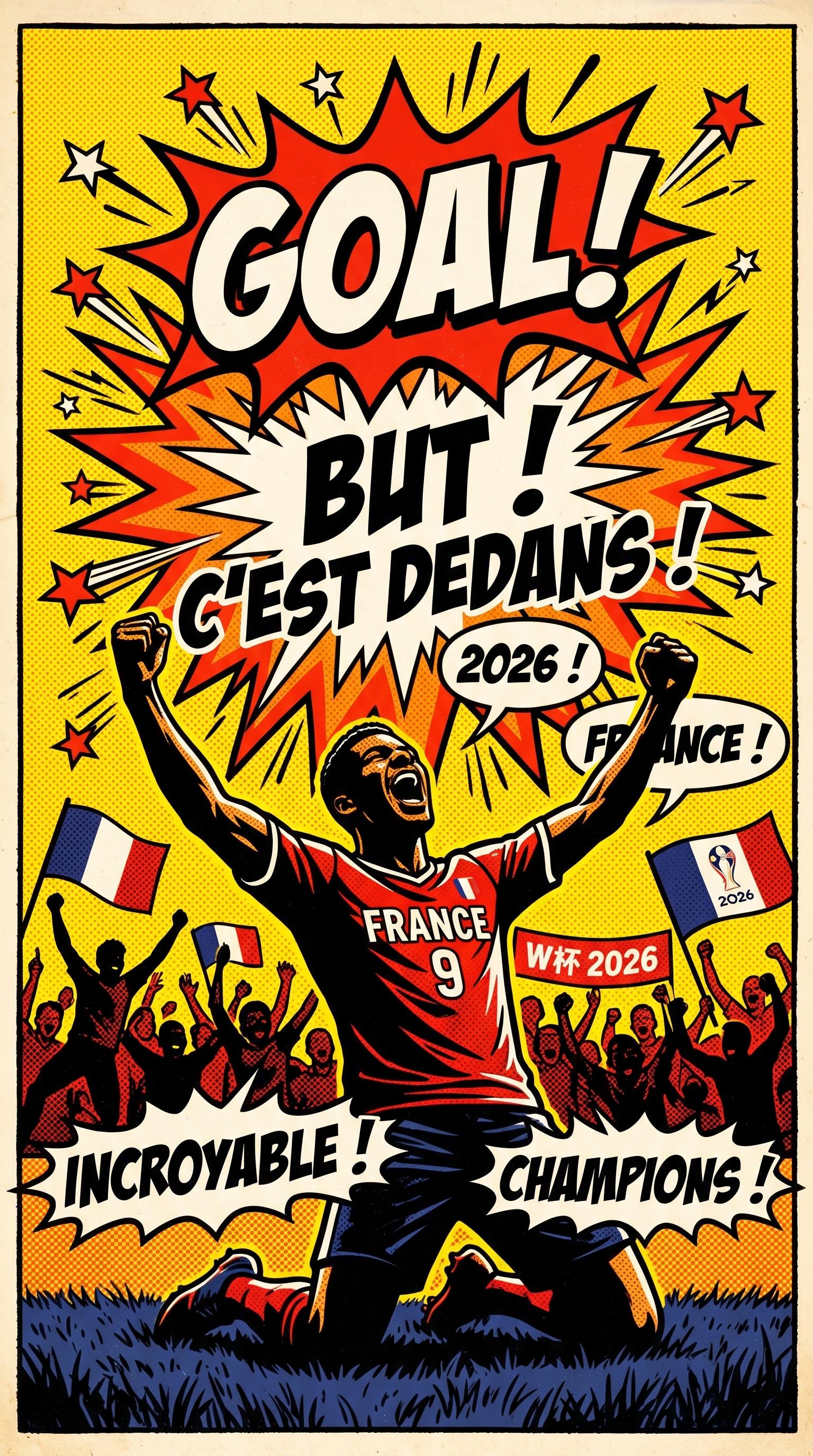 Illustration pop art de l'explosion d'un but en coupe du monde, générée par IA