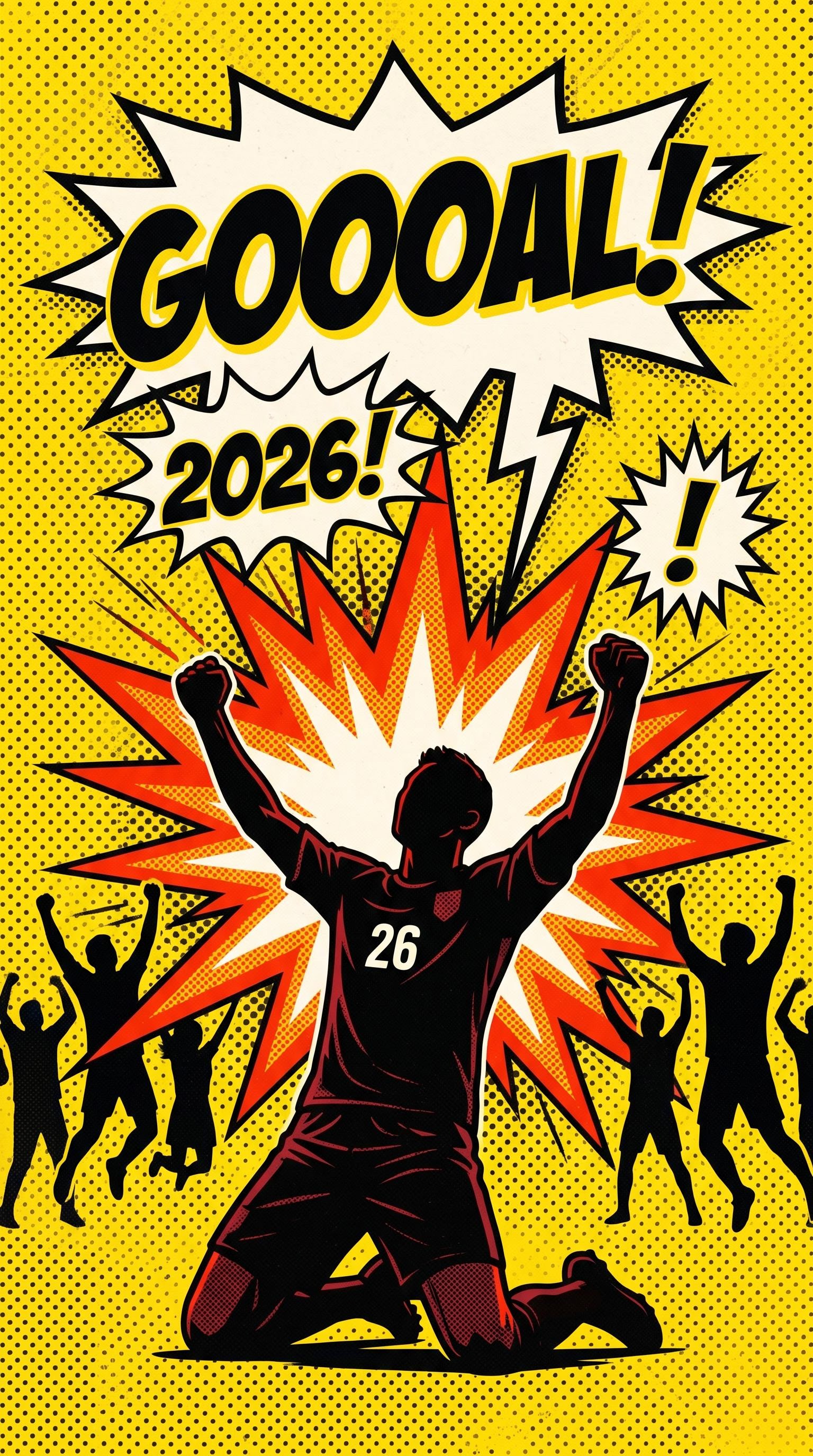Pop art illustration of a goal explosion at the World Cup, AI generated