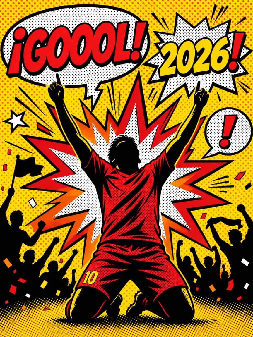 Ilustración pop art de la explosión de un gol en el Mundial 2026, generada con IA