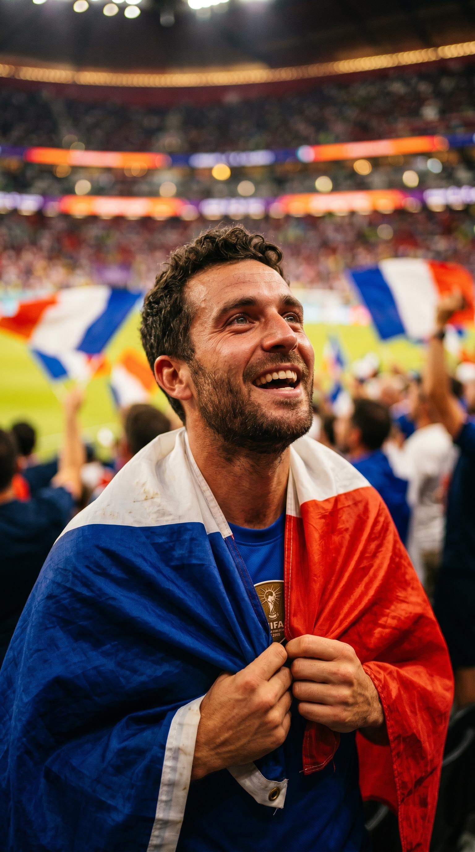 Portrait de supporter avec drapeau national pour la coupe du monde, générée par IA