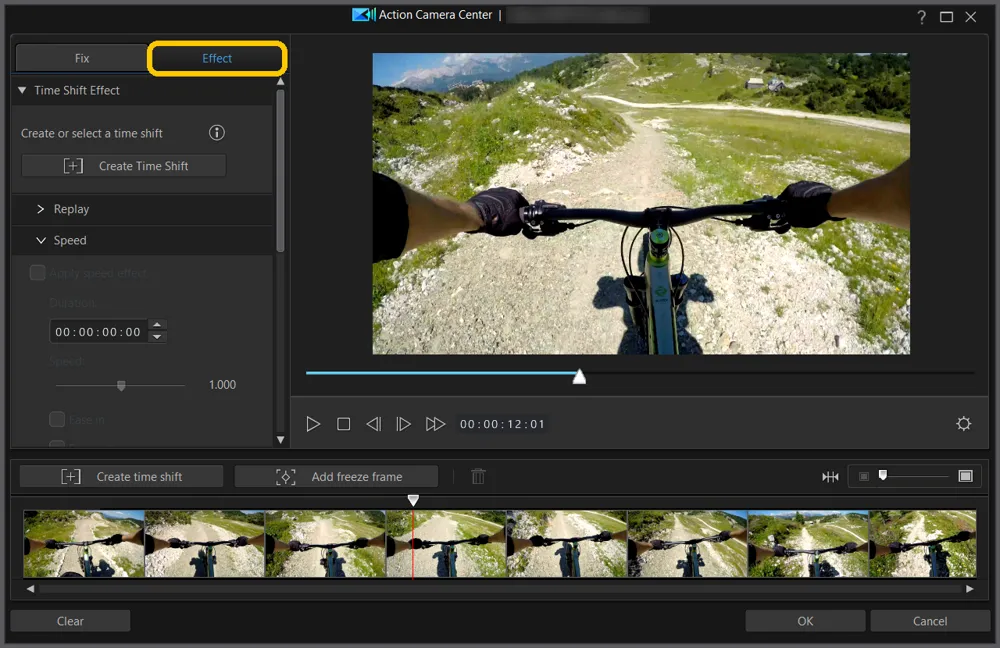 The Action Camera Center window with the Effect tab highlighted, showing Time Shift Effect in the panel and the filmstrip below the preview