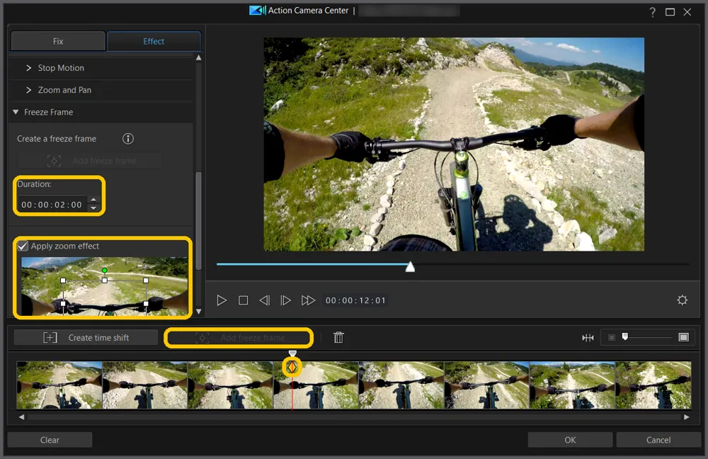 Freeze Frame settings with Duration at 2 seconds and Apply zoom effect checked with its focus box, plus the Add freeze frame button and the diamond marker on the filmstrip highlighted