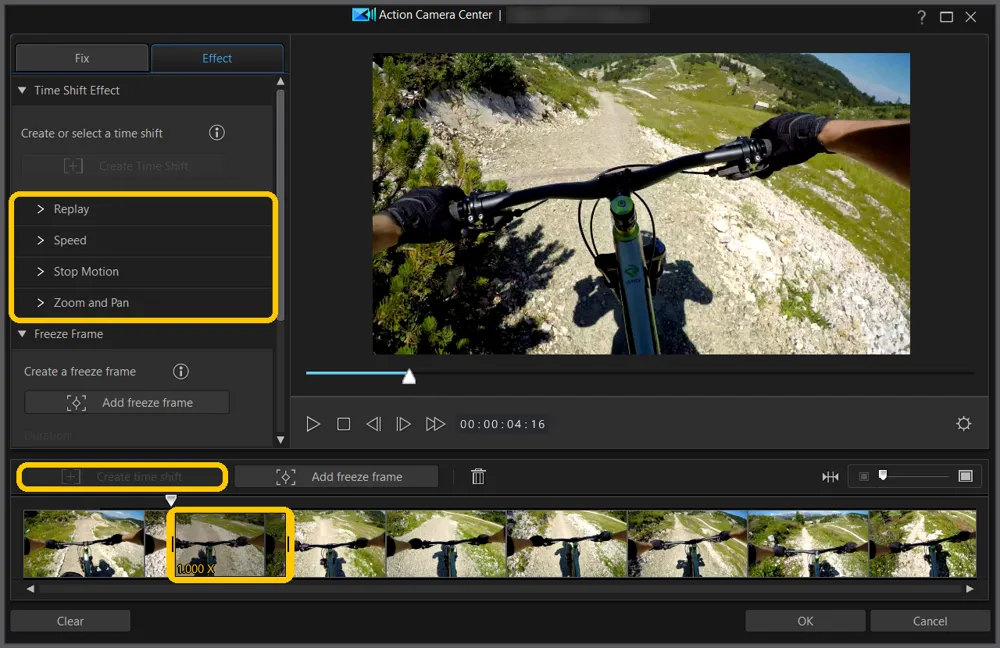 The Effect tab after a time shift was created, with the Create time shift button, the orange time shift block on the filmstrip, and the list of time shift effects highlighted