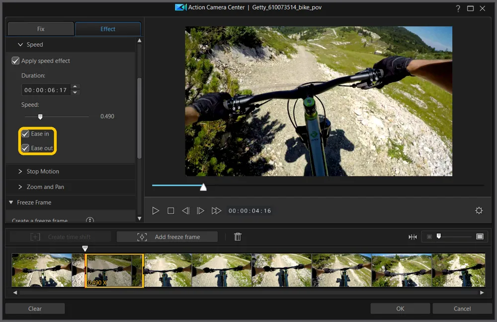 The Speed section scrolled down, with Ease in and Ease out checked and highlighted below the Speed slider, and the time shift block on the filmstrip
