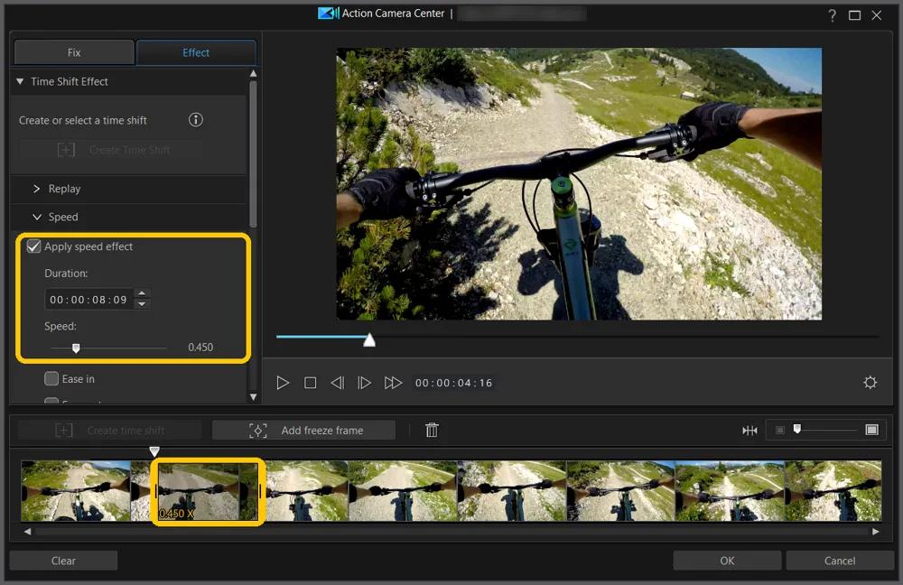 The Speed section with Apply speed effect checked, a Duration of 8 seconds, and Speed at 0.450 highlighted, with the time shift block showing 0.450 X