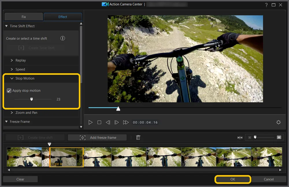 The Stop Motion section with Apply stop motion checked and the slider at 23 highlighted, and the OK button highlighted at the lower right