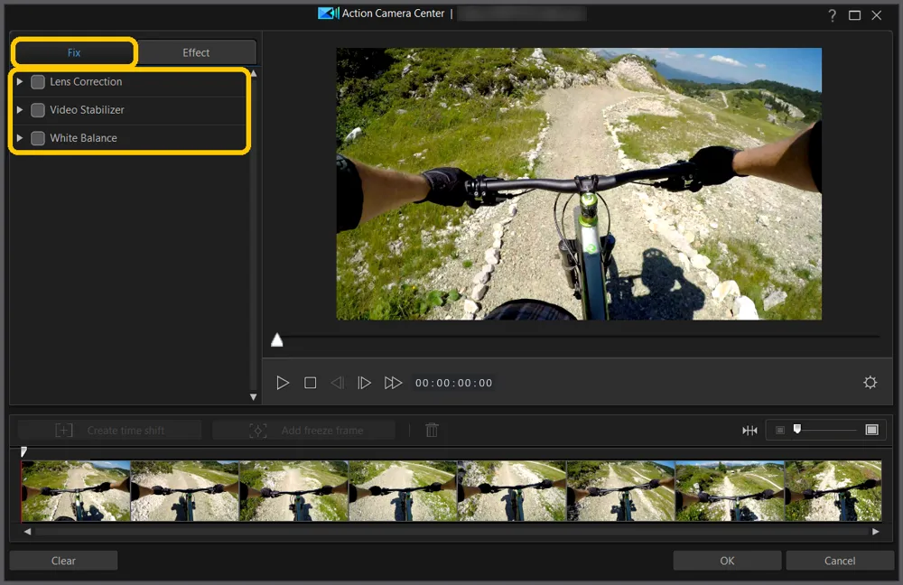 The Action Camera Center window with the Fix tab and its three fixes, Lens Correction, Video Stabilizer, and White Balance, highlighted