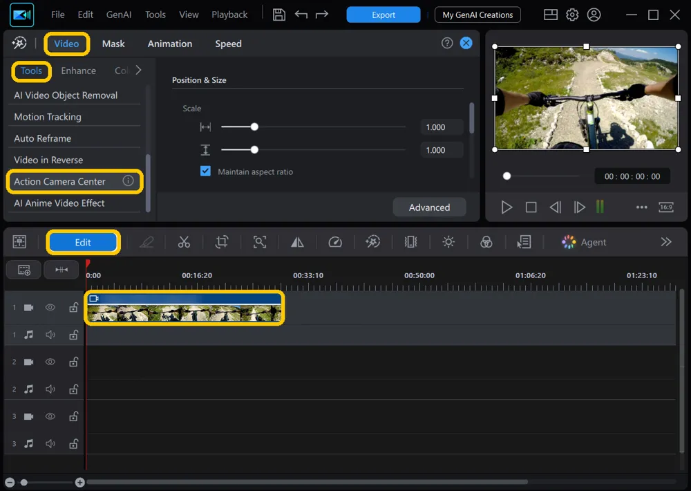 The PowerDirector editor with the clip on the timeline, the Edit button, the Video tab, the Tools tab, and Action Camera Center in the Tools list highlighted