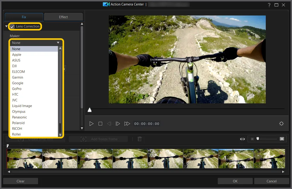Lens Correction checked on the Fix tab, with the Maker menu open listing camera makers from None and Apple to Rollei