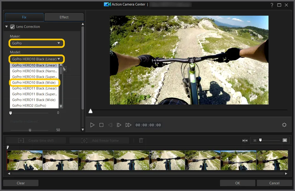 The Model menu open under Maker GoPro, with GoPro HERO10 Black (Wide) highlighted among the HERO10 and HERO11 lens modes