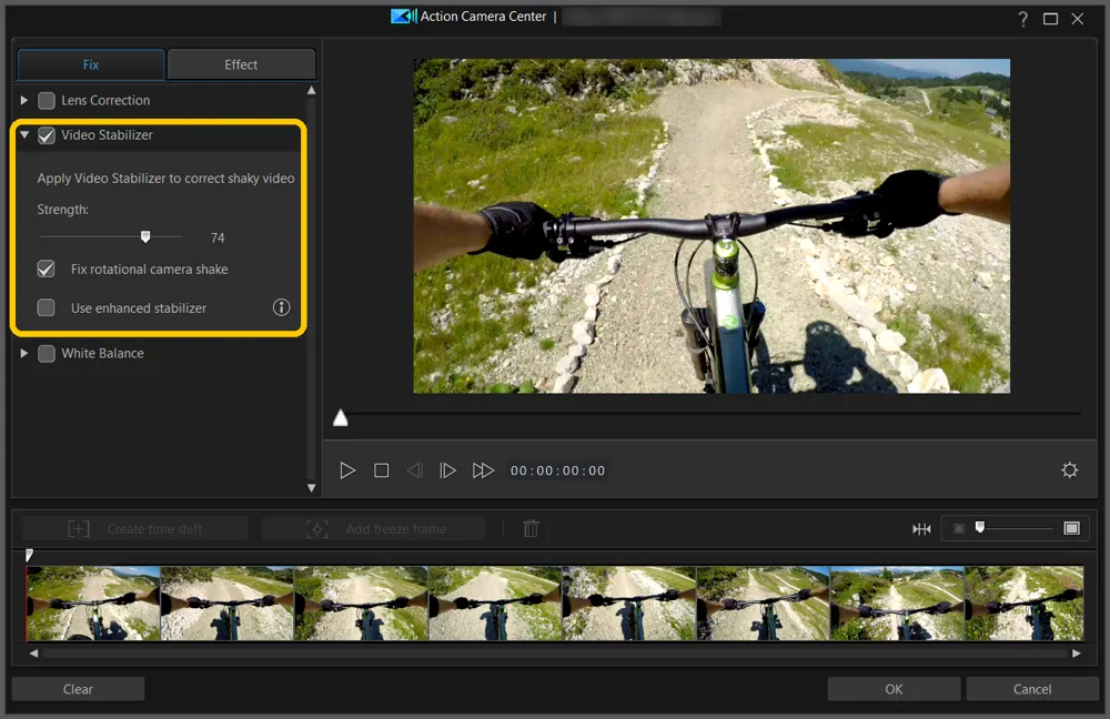 Video Stabilizer checked on the Fix tab, with Strength at 74, Fix rotational camera shake checked, and Use enhanced stabilizer highlighted