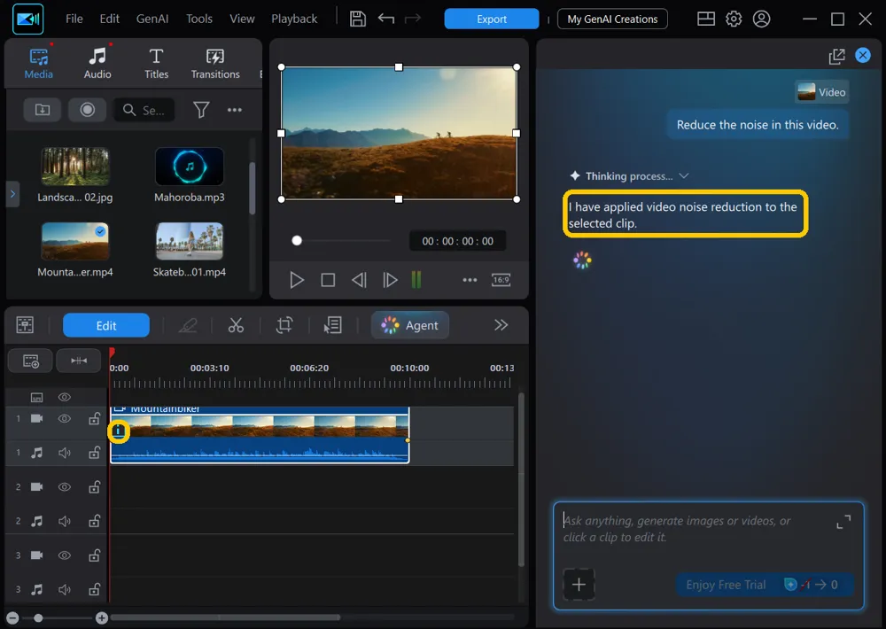 The agent's reply about video noise reduction and the effect icon on the clip highlighted