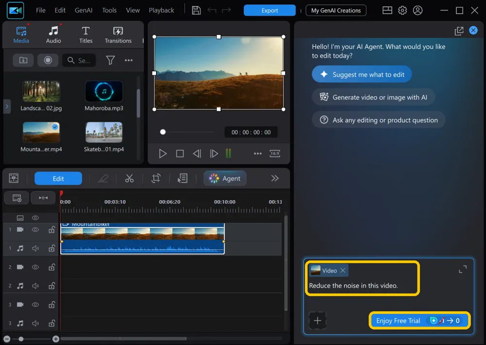 The request Reduce the noise in this video typed under the Video label, with the send button highlighted