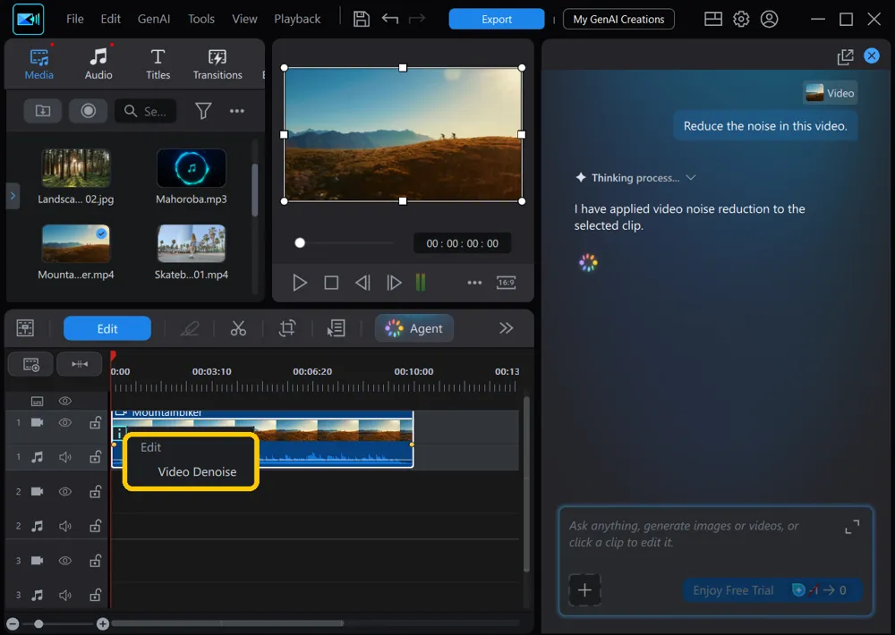 The effect icon's menu open on the clip, listing Edit and Video Denoise, highlighted