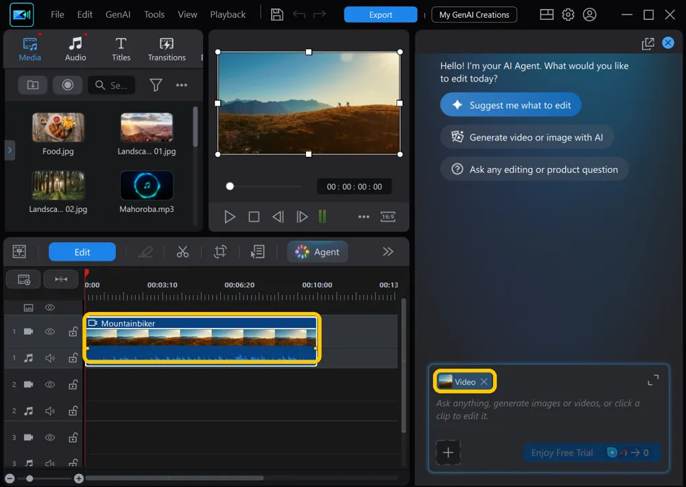 The mountain bike clip selected on the timeline and the Video label in the request box highlighted
