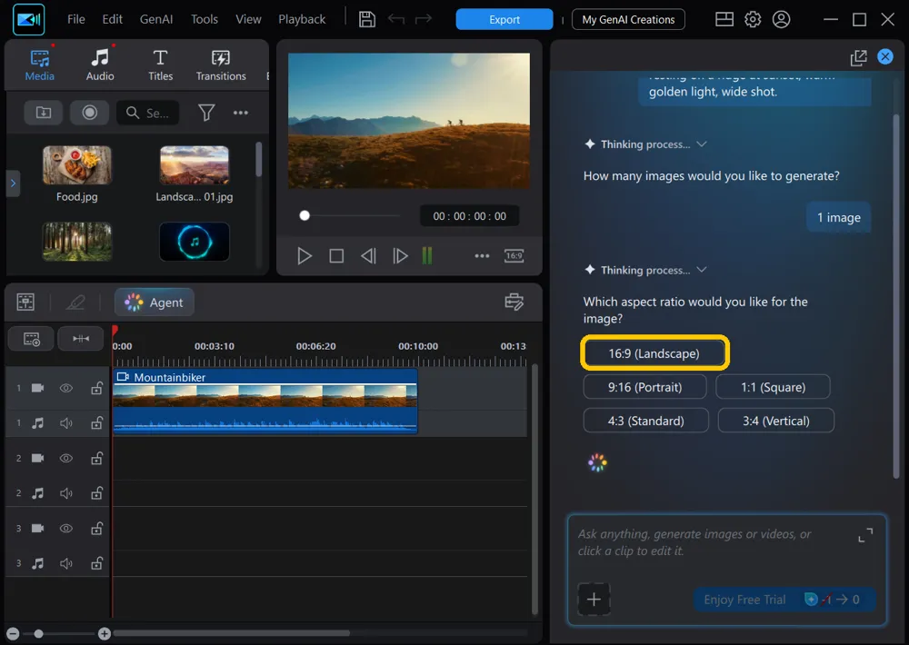 The agent's aspect ratio question for images with five choices and 16:9 (Landscape) highlighted
