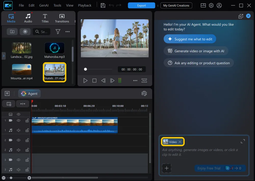 A skateboarding clip in the media library and its Video label in the request box highlighted
