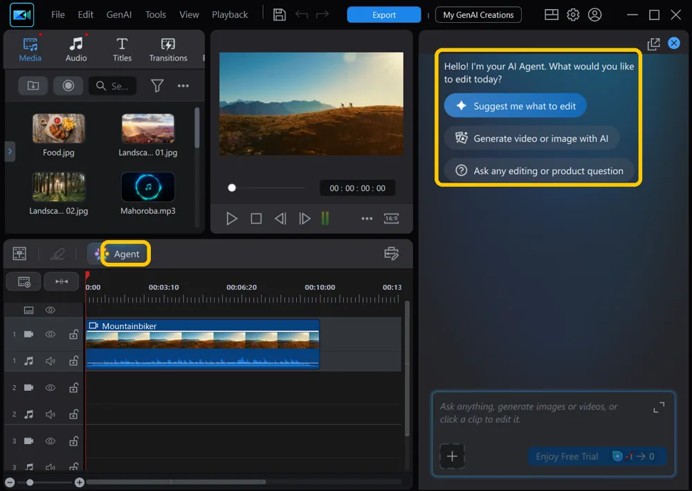 The PowerDirector editing window with the Agent button above the timeline and the Agentic Editor panel on the right highlighted