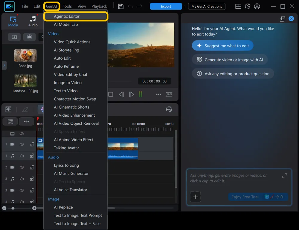 The GenAI menu open in PowerDirector with Agentic Editor highlighted at the top