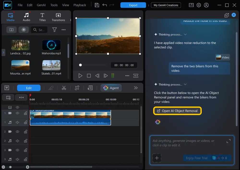 The agent's reply with the Open AI Object Removal button highlighted