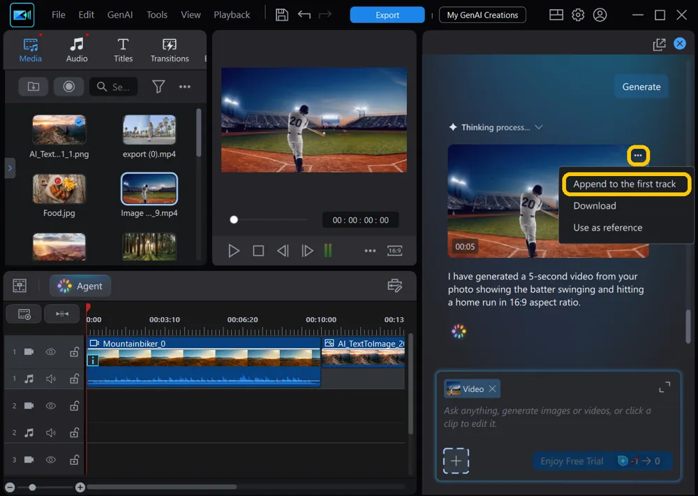 The generated baseball video in the chat with its ··· menu open and Append to the first track highlighted