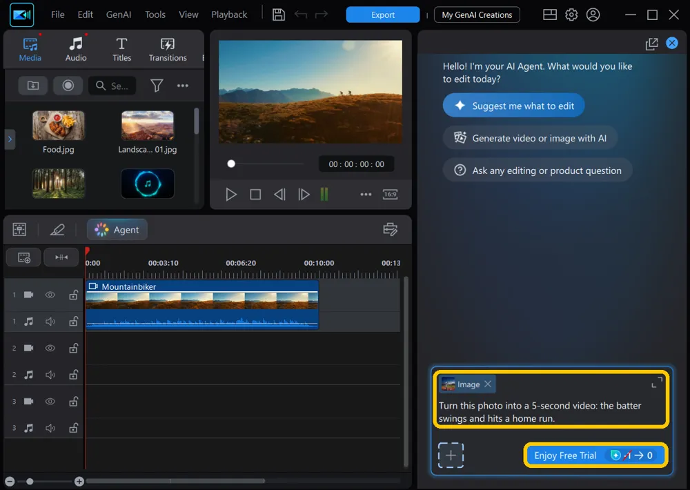 The photo-to-video request typed under the Image label, with the send button highlighted