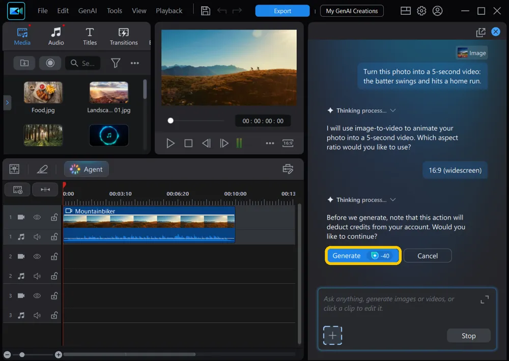 The agent's credit message with the Generate button highlighted