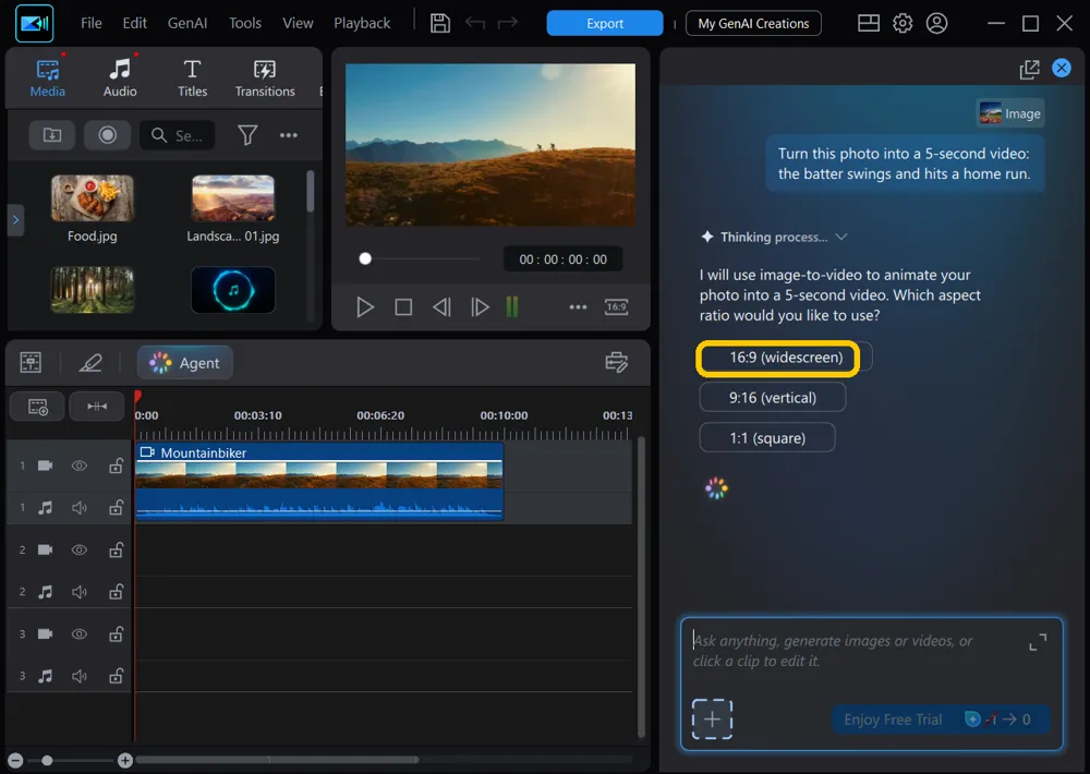 The agent's aspect ratio question with three choices and 16:9 (widescreen) highlighted