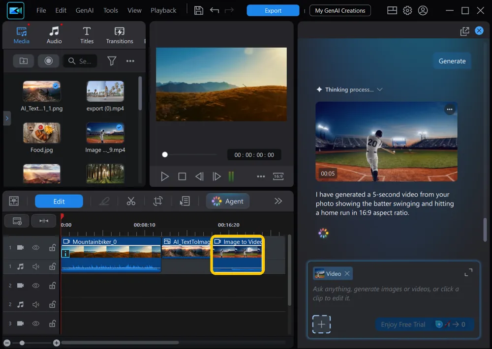 The Image to Video clip added at the end of track 1 on the timeline, highlighted