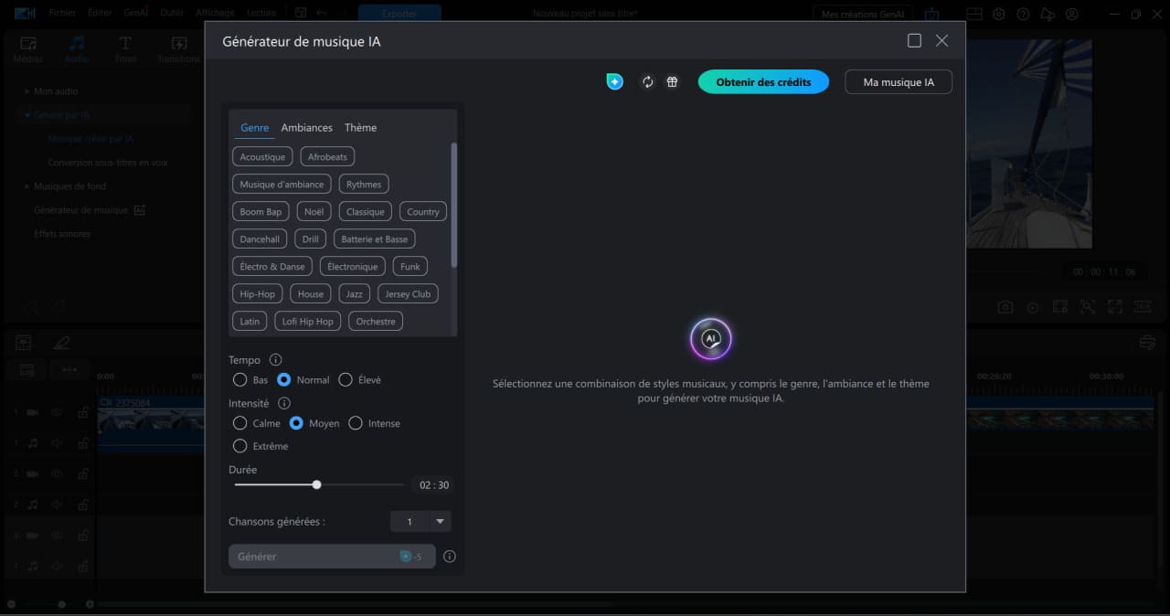 PowerDirector AI Music Generator interface