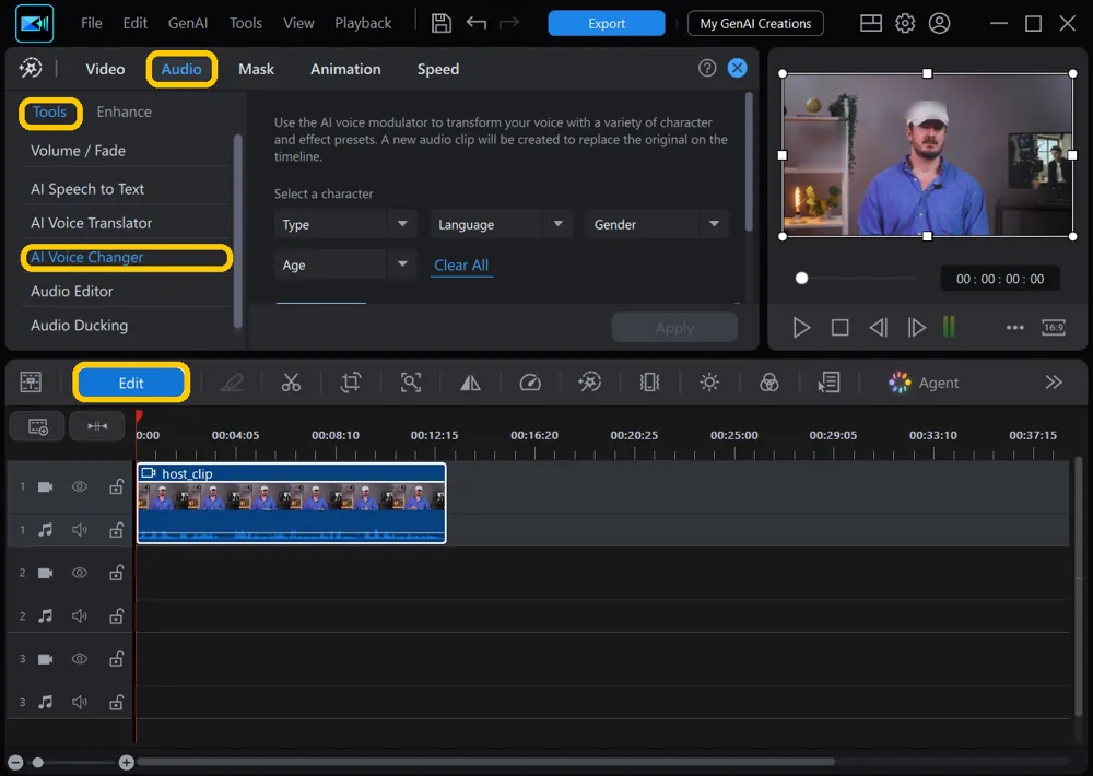 The PowerDirector editor with the Edit button, the Audio tab, the Tools tab, and AI Voice Changer highlighted