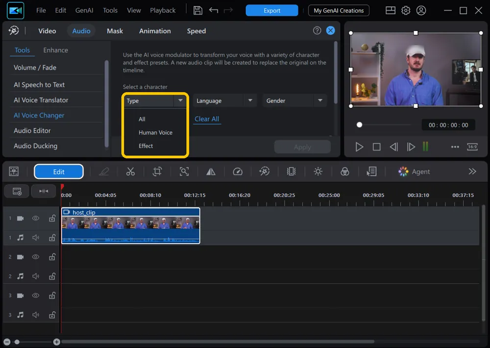 The Type list open under Select a character, showing All, Human Voice, and Effect, highlighted