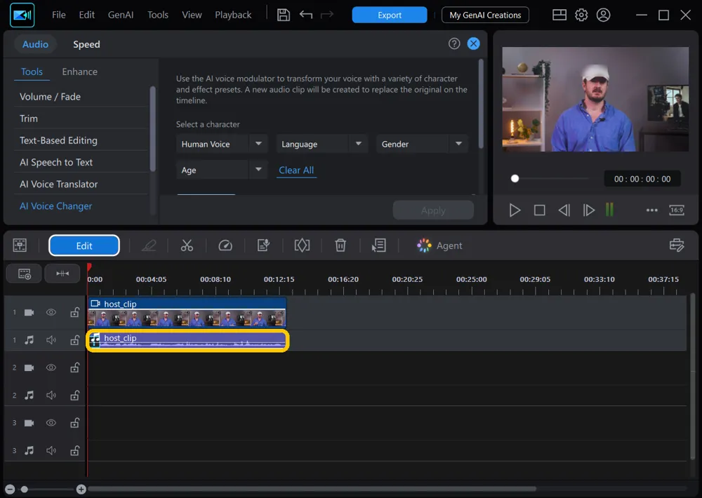 The timeline with the new host_clip audio clip on audio track 1 highlighted, under the video clip